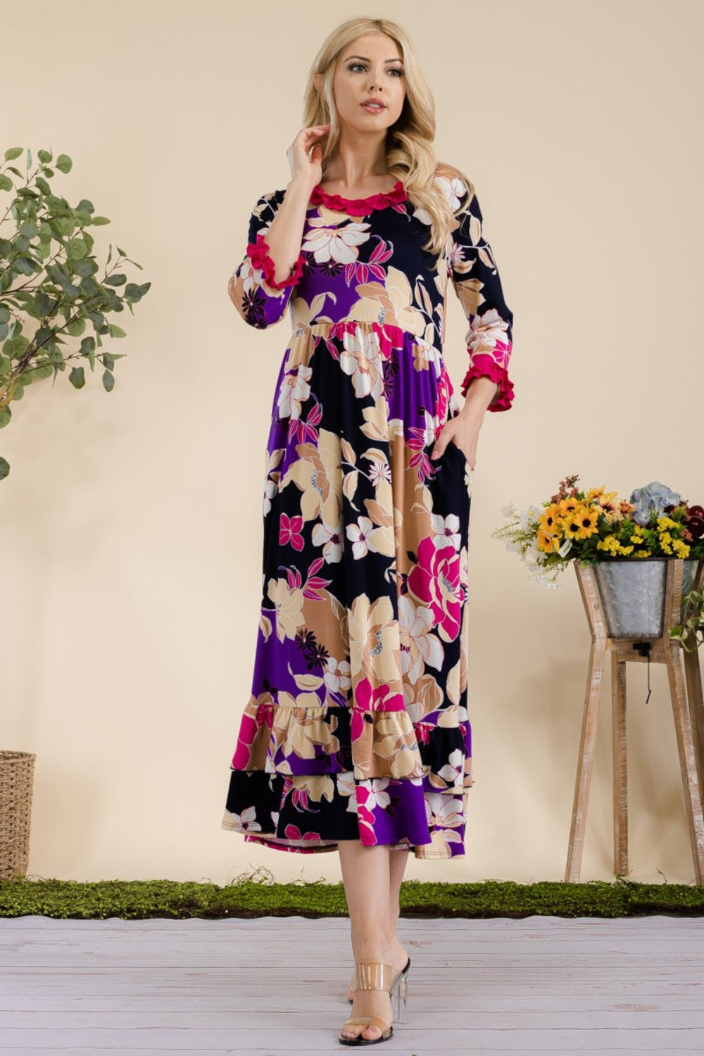 Celeste Full Size Floral Ruffled Midi Dress