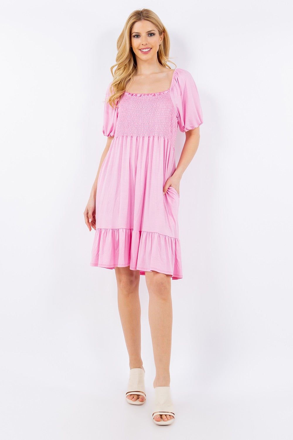 Celeste Full Size Ruffle Hem Short Sleeve Smocked Dress