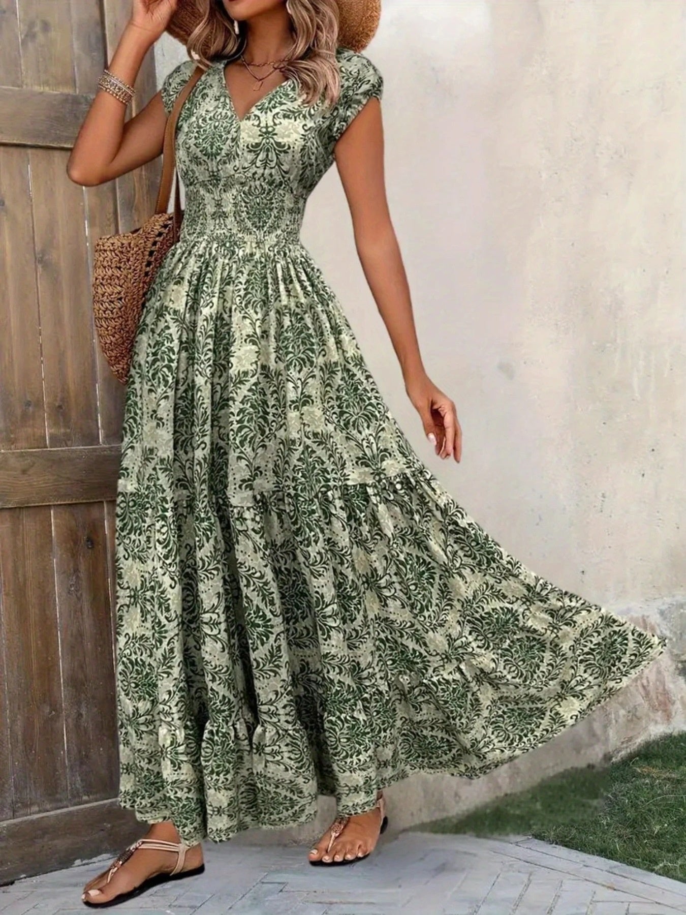 Printed Cap Sleeve Maxi Dress view 9 - Shopiebay