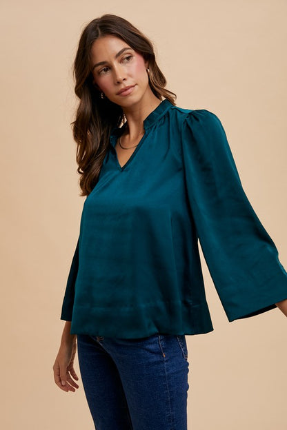 Annie Wear Satin Notched Three-Quarter Sleeve Blouse