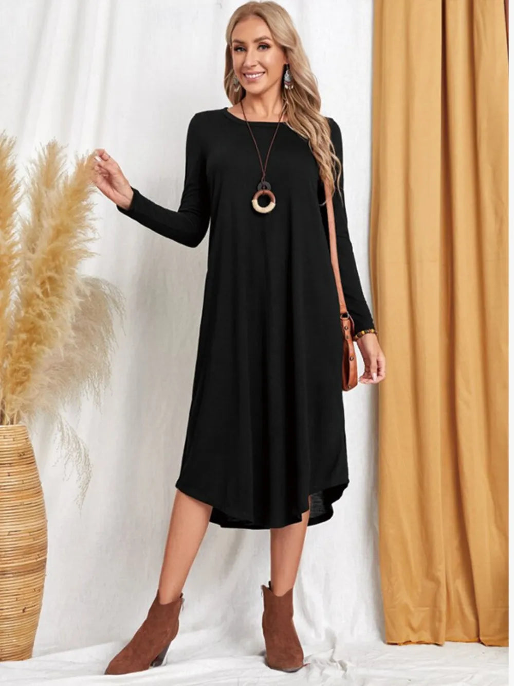 Pocketed Round Neck Long Sleeve Tee Dress view 10 - Shopiebay