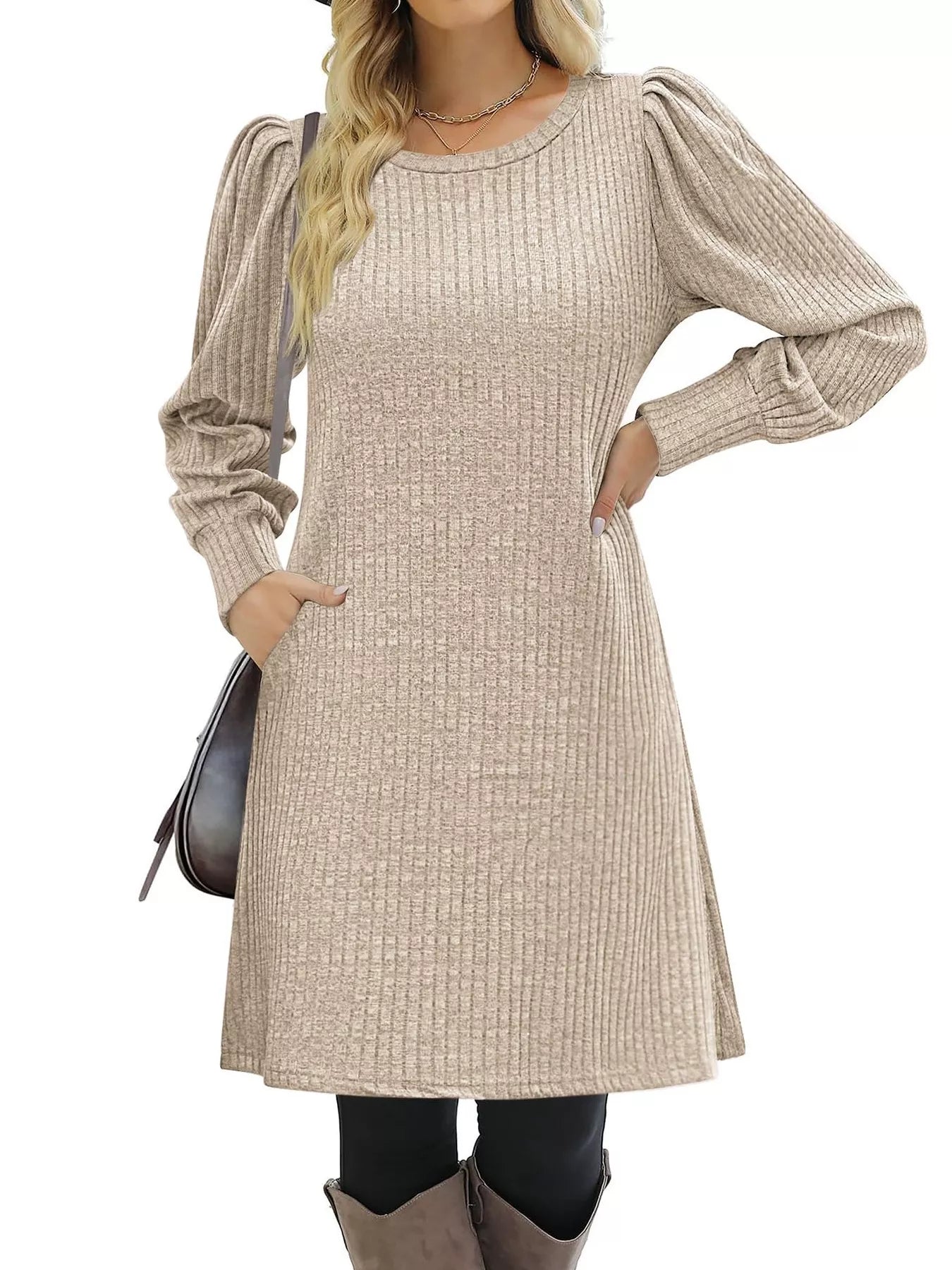 Ribbed Knit Puff Sleeve Casual Mini Dress - product image 5