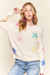 ADORA Stars Pattern Round Neck Drop Shoulder Sweater