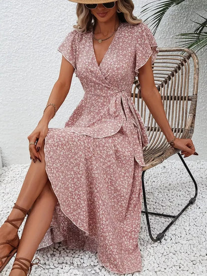 Floral Print Ruffle Hem Wrap Midi Dress view 8 - Shopiebay