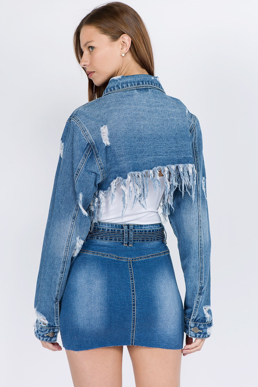 American Bazi Distressed Denim Jacket with Frayed Hem