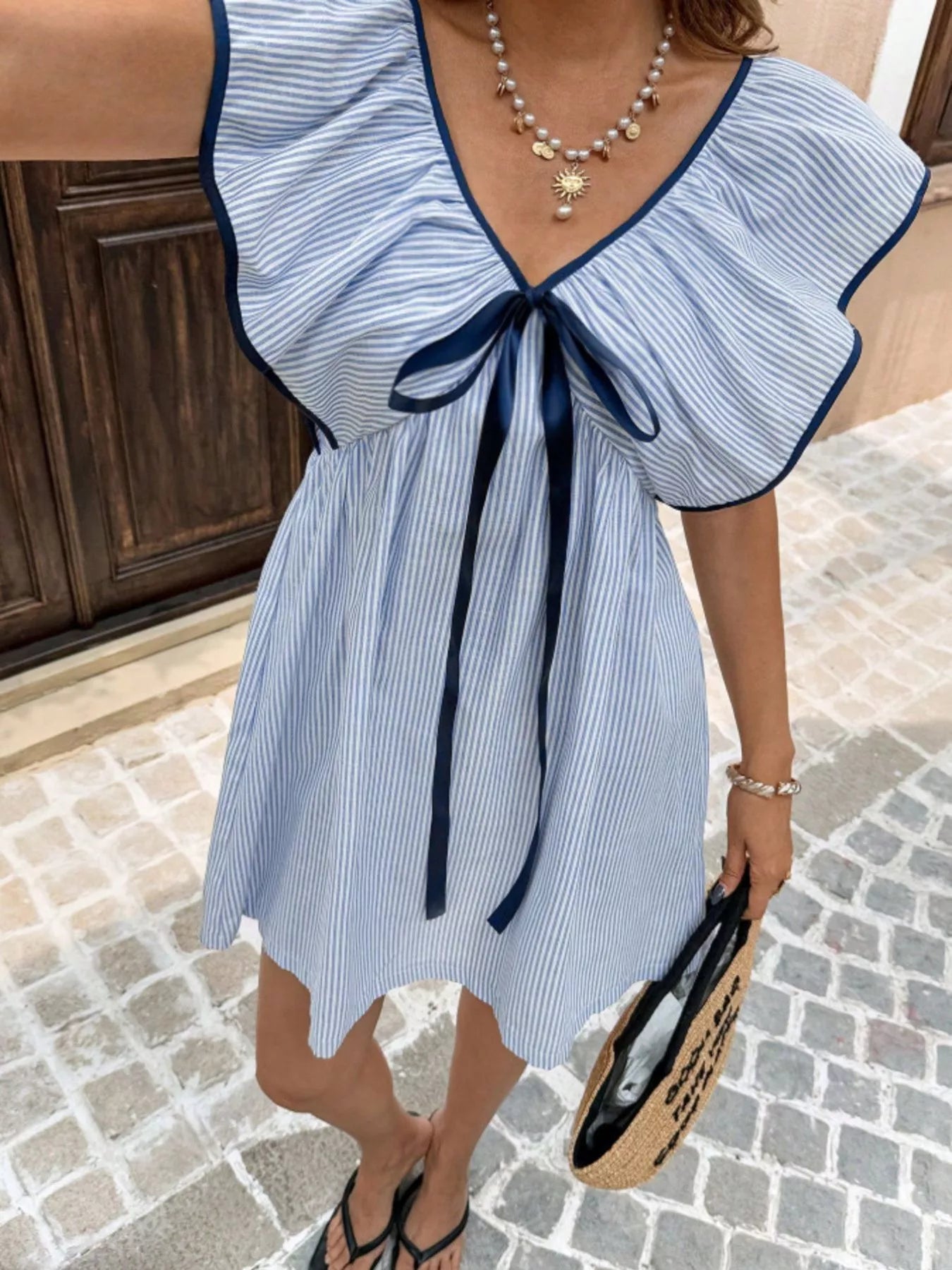Striped Ruffle Sleeve Mini Dress Secondary image