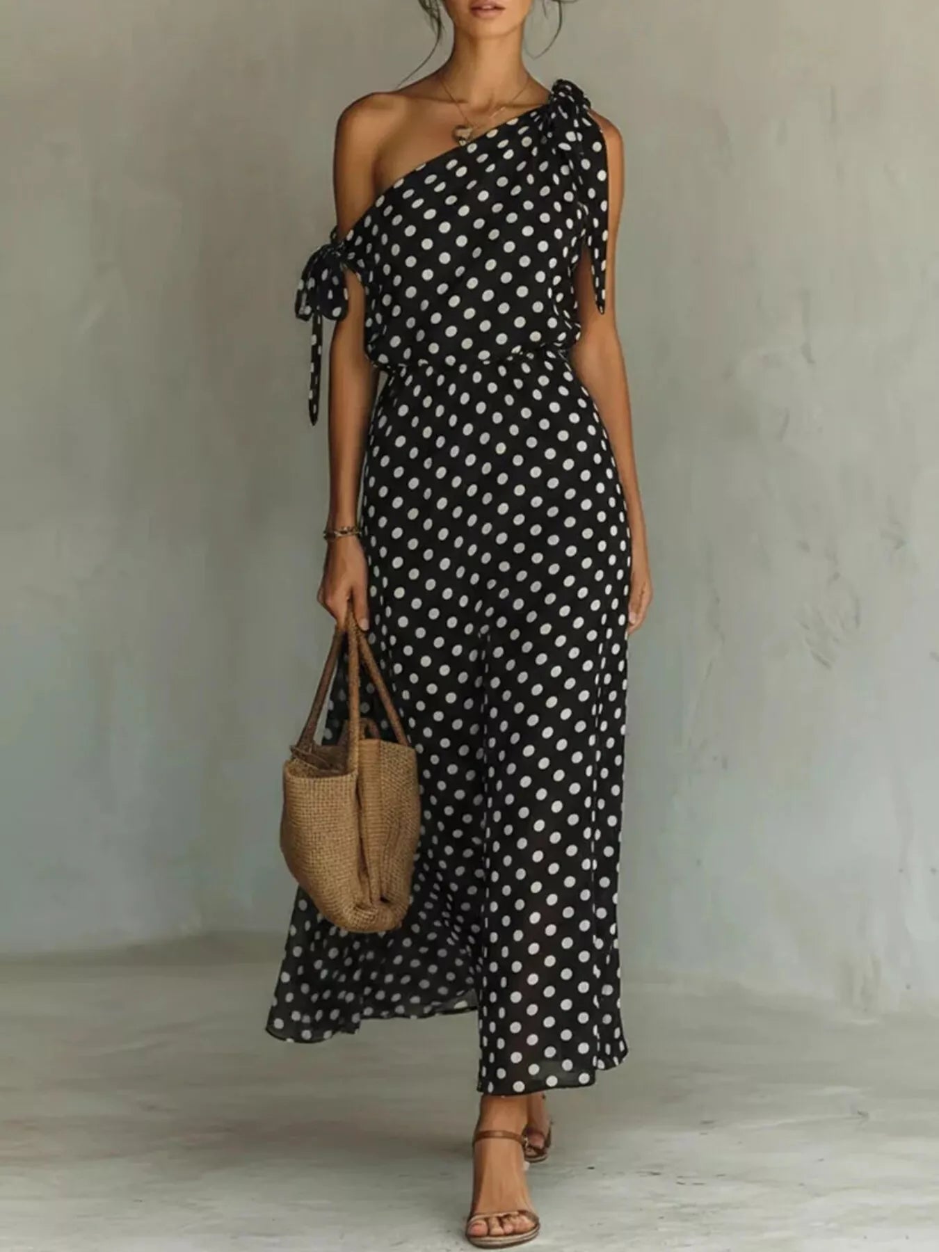 Full Size Polka Dot One-Shoulder Maxi Dress with Tie Details Plus Size Main image
