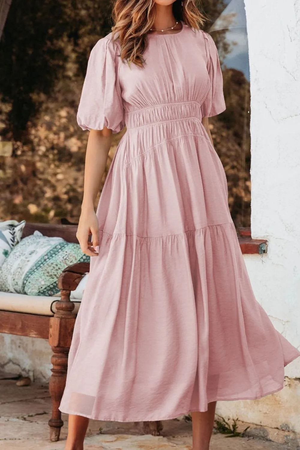 Puff Sleeve Pleated High Waist Flowy Midi Dress view 3 - Shopiebay