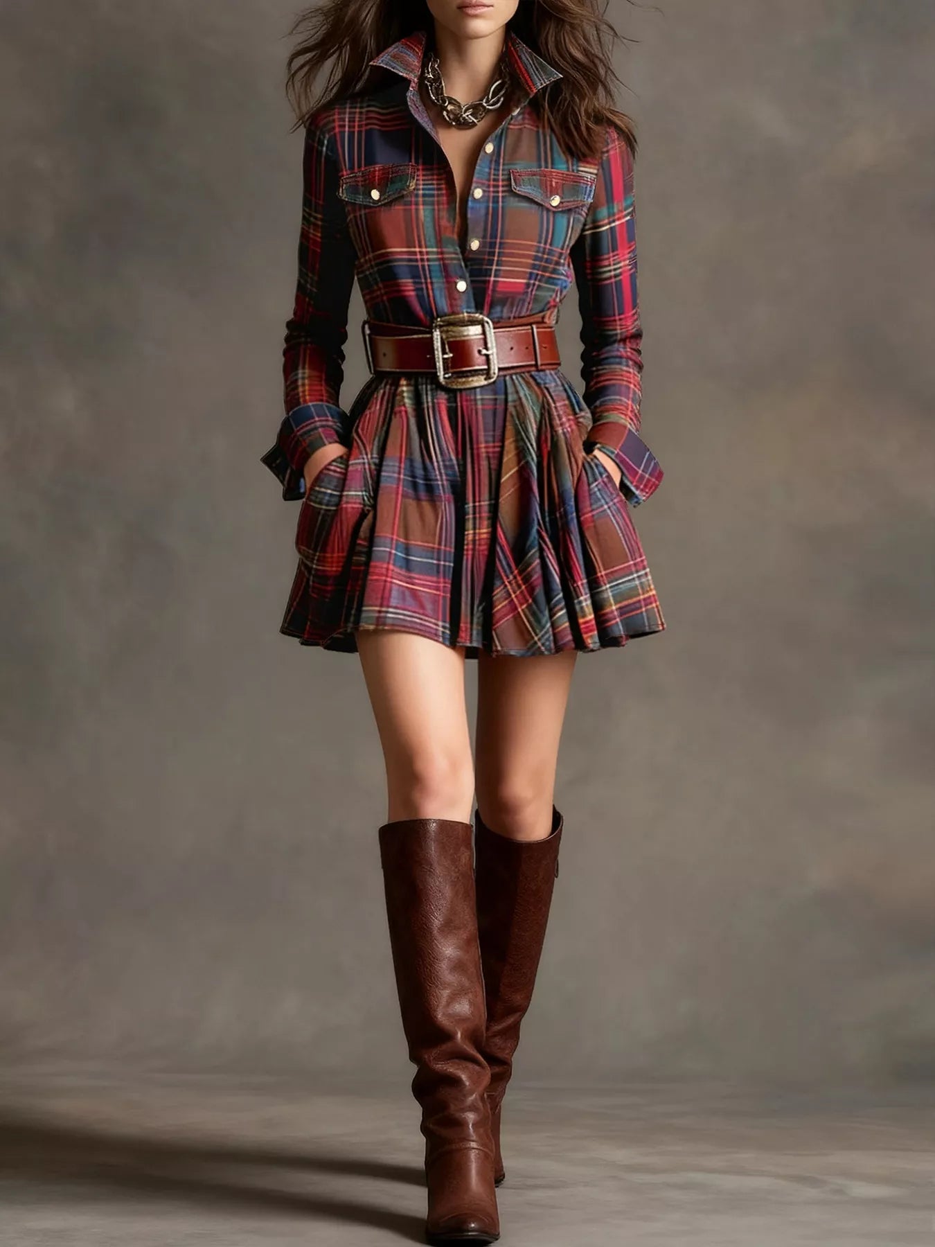 Plaid Long Sleeve Shirt Dress Secondary image
