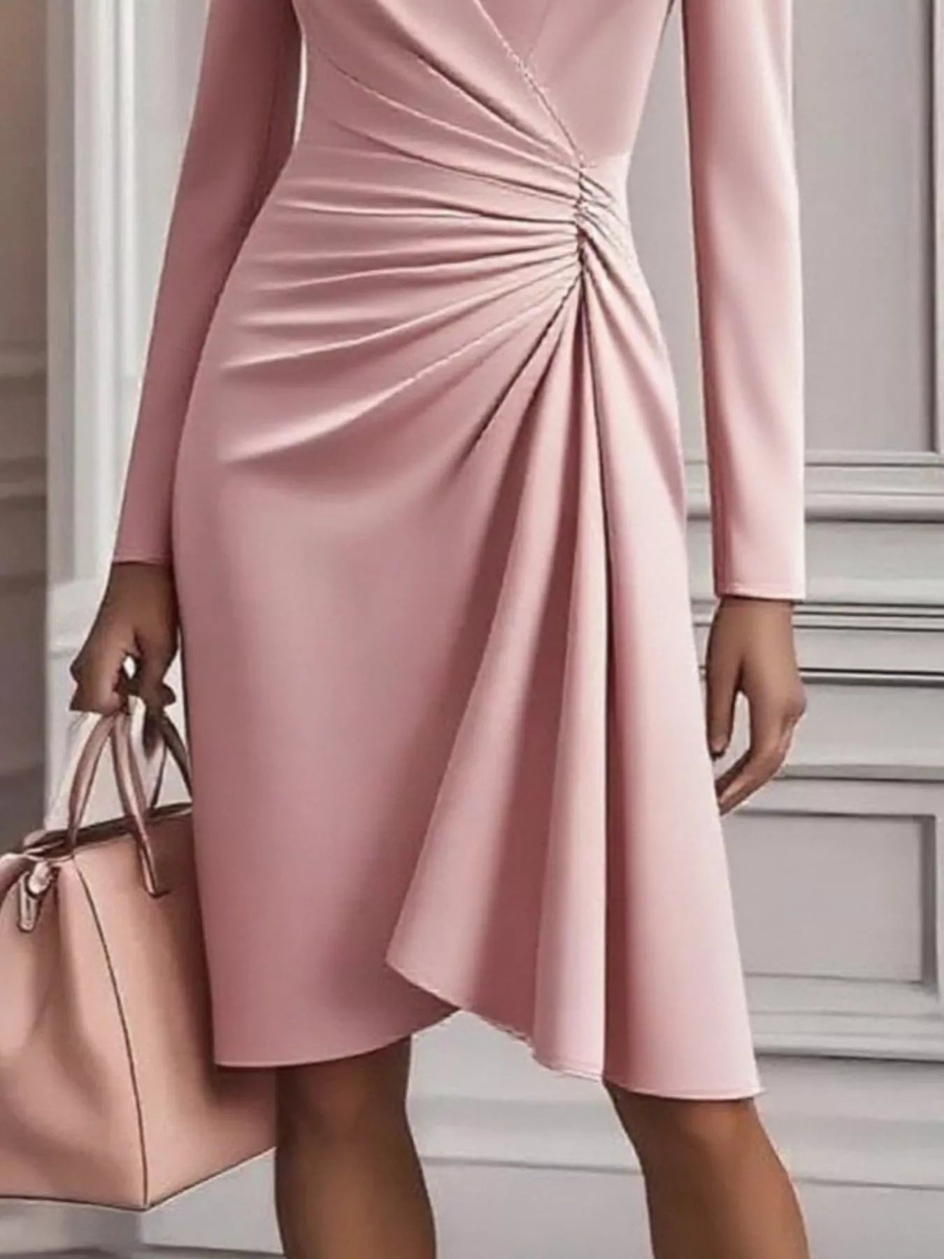 Front Ruched V-Neck Long Sleeve Dress view 9 - Shopiebay