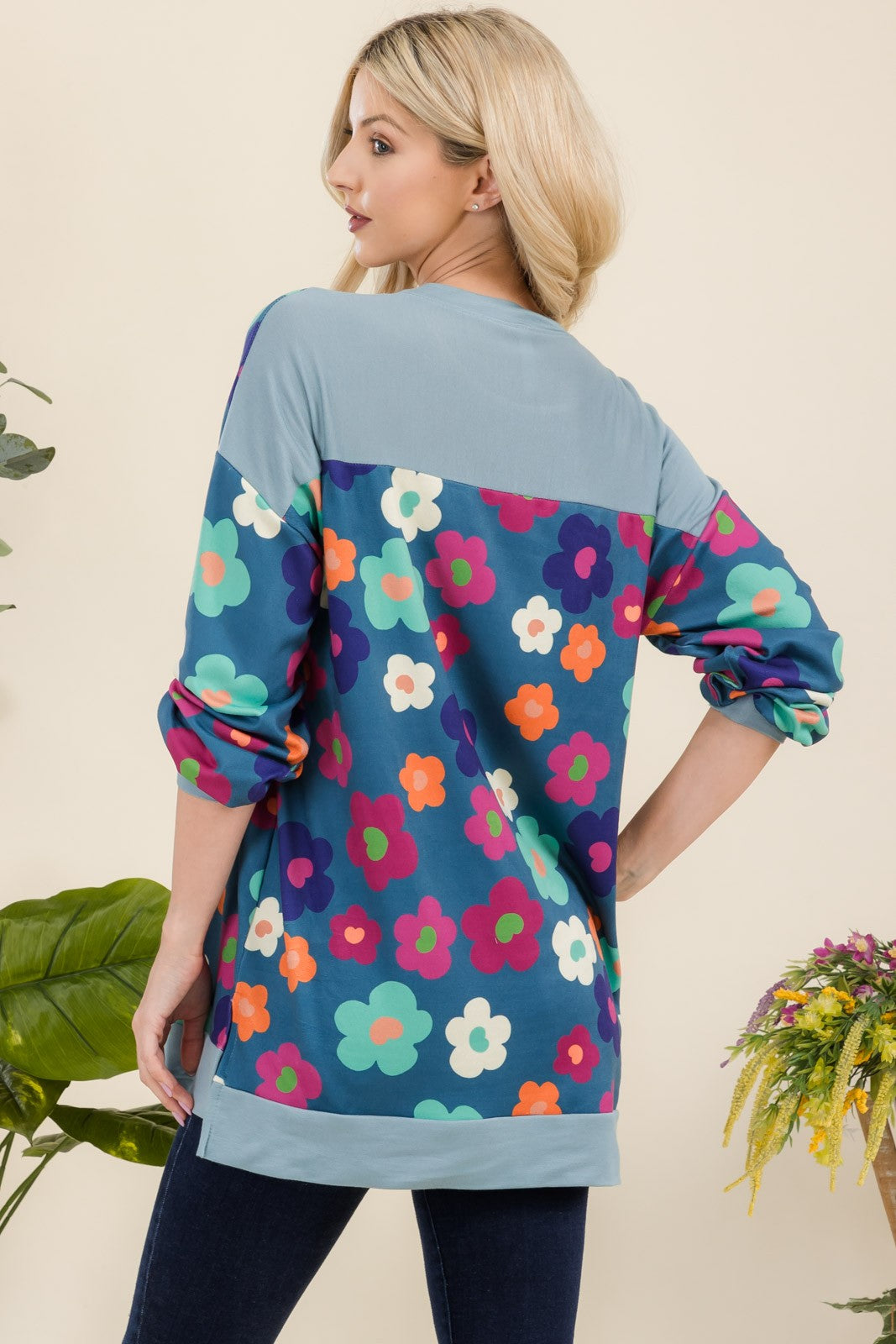 Celeste Full Size Side Slit Flower Print Long Sleeve Top