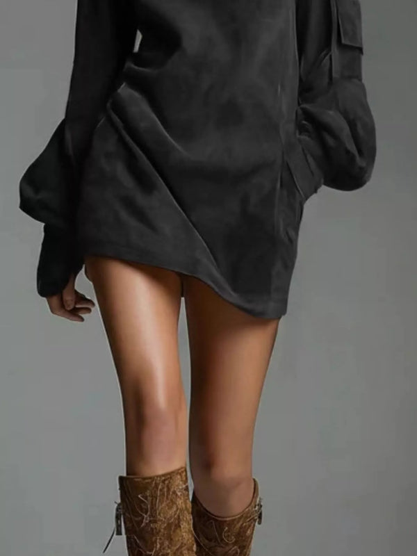 Suede Turtleneck Lantern Sleeve Mini Dress - product image 11