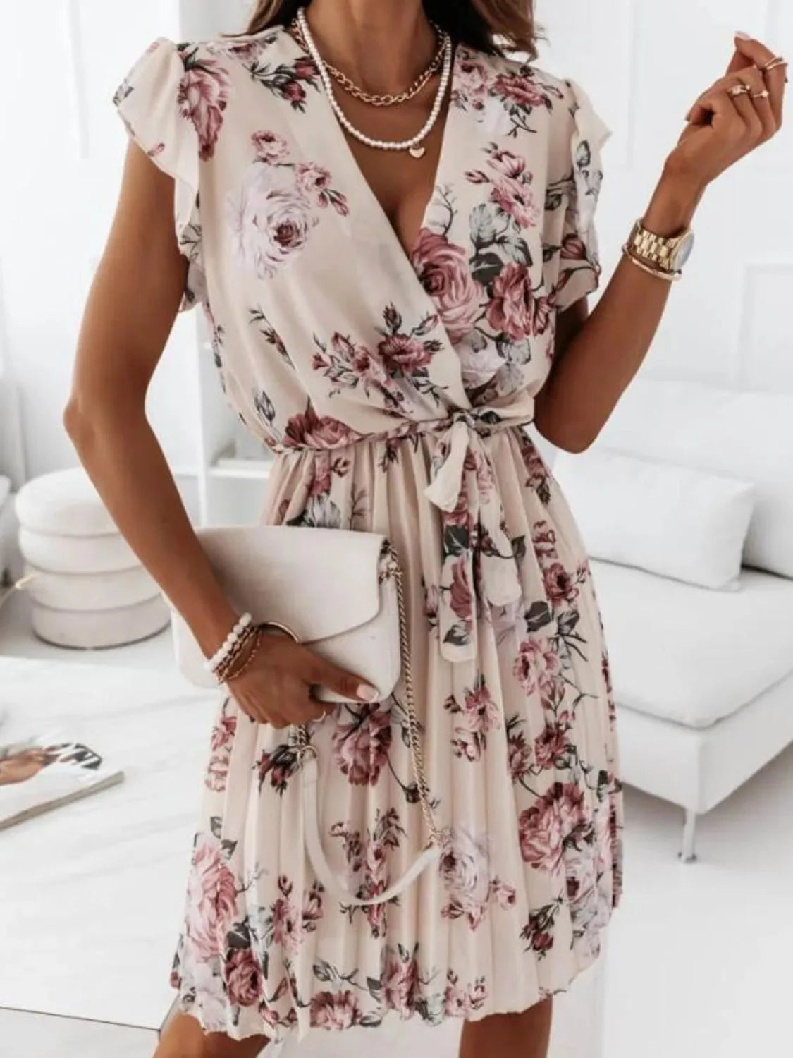 Floral Surplice Ruffled Cap Sleeve Dress Main image