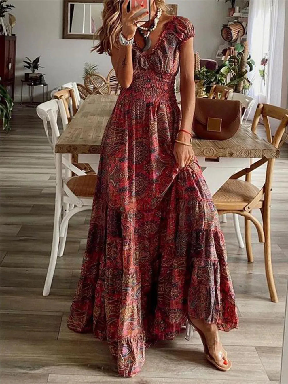 Smocked Printed V-Neck Short Sleeve Dress Main image