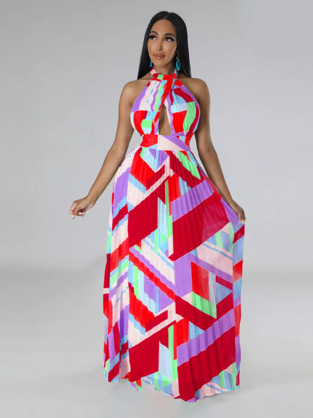 Halter Neck Geometric Print Pleated Maxi Dress - product image 5