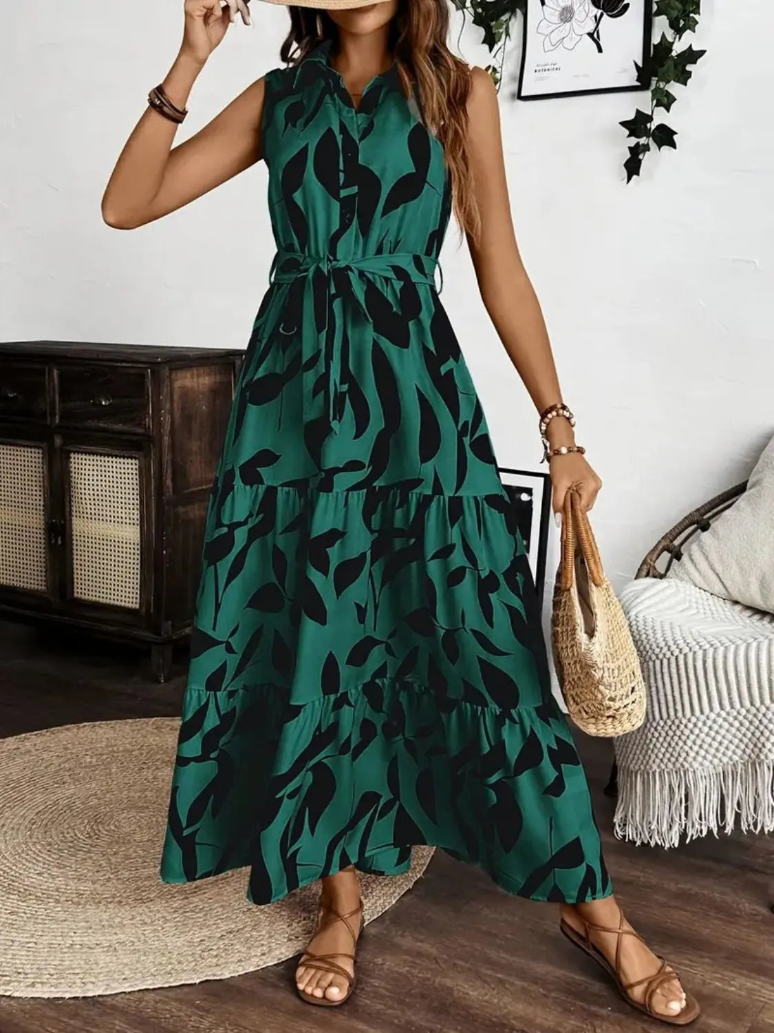Printed Tie Waist Sleeveless Maxi Dress view 9 - Shopiebay