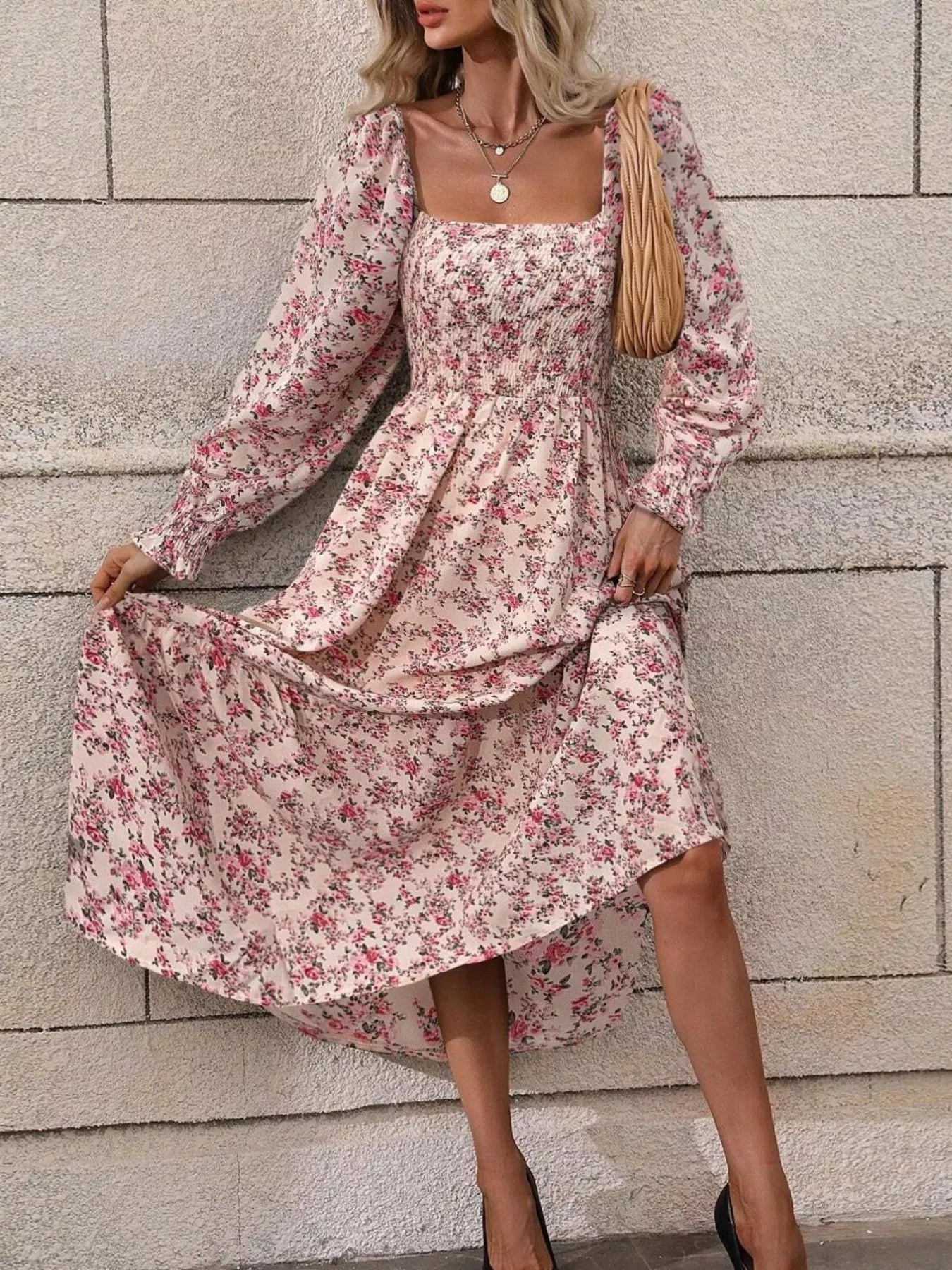 Floral Print Square Neck Smocked Midi Dress Secondary image