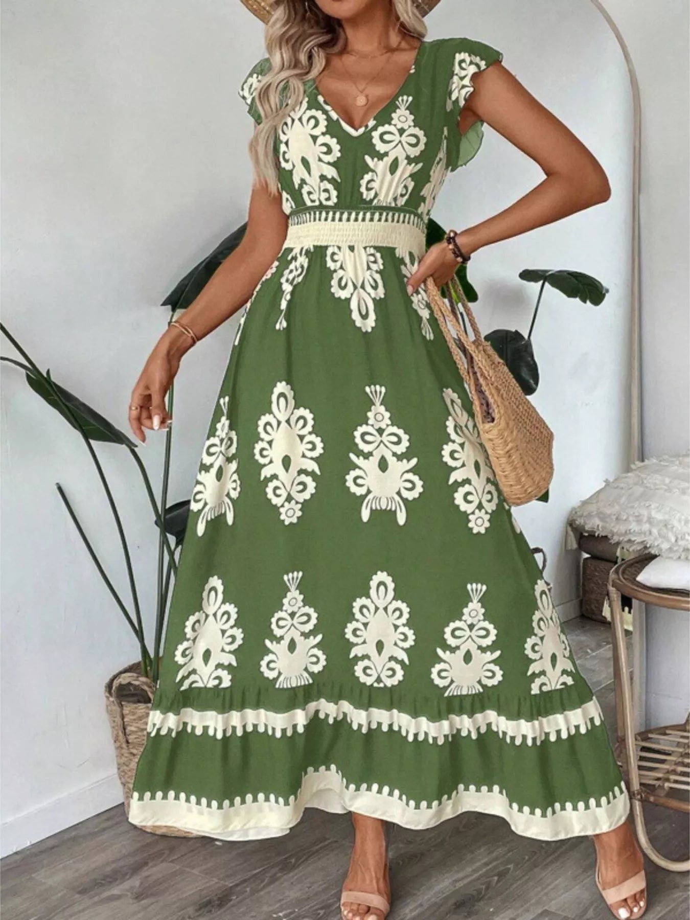 Printed V-Neck Ruffled Cap Sleeve Dress Main image