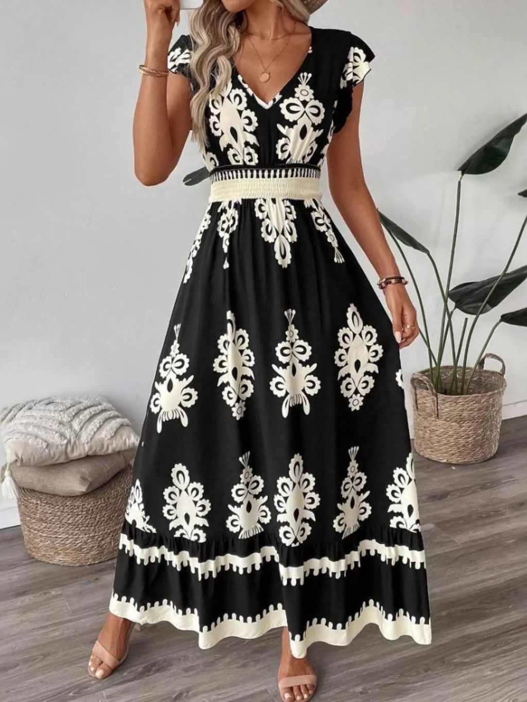 Printed V-Neck Ruffled Cap Sleeve Dress - product image 7