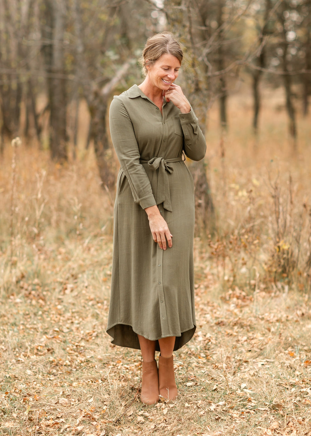 Essential Olive Long Sleeve Linen Shirt Dress - product image 9
