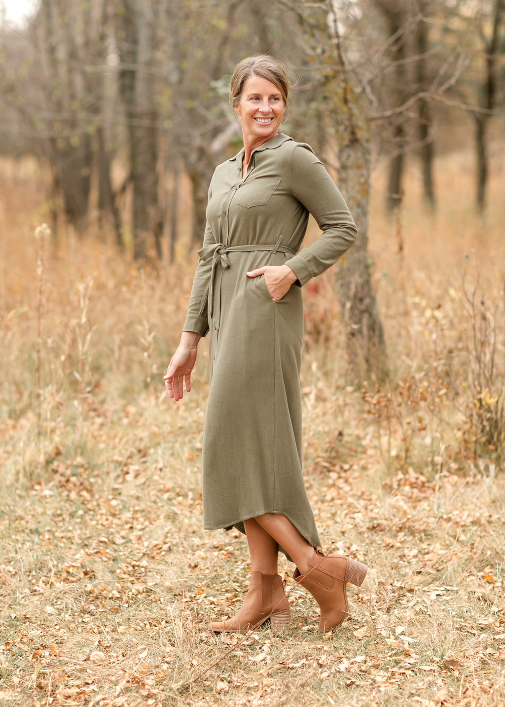 Essential Olive Long Sleeve Linen Shirt Dress - product image 6