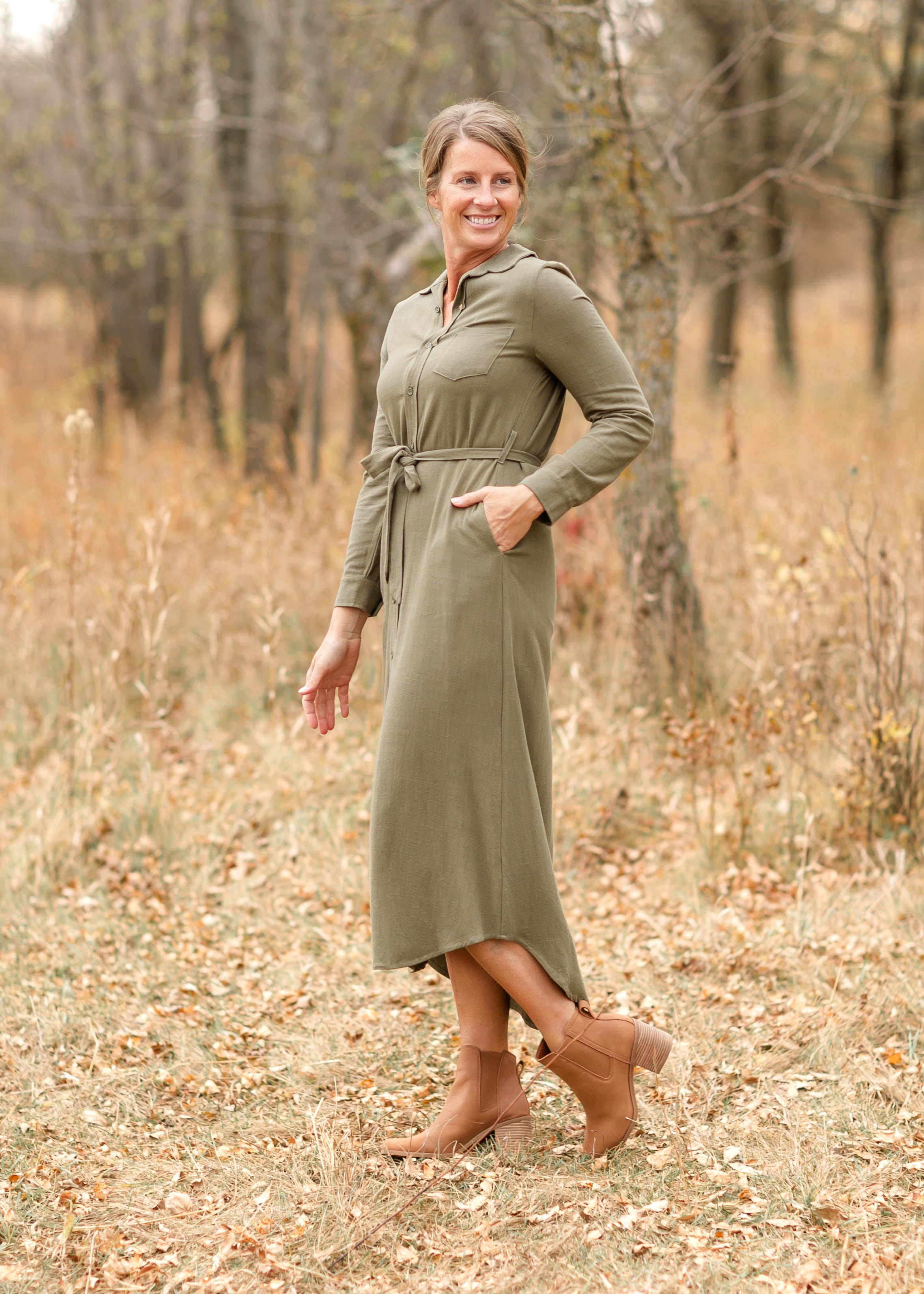 Essential Olive Long Sleeve Linen Shirt Dress - product image 6