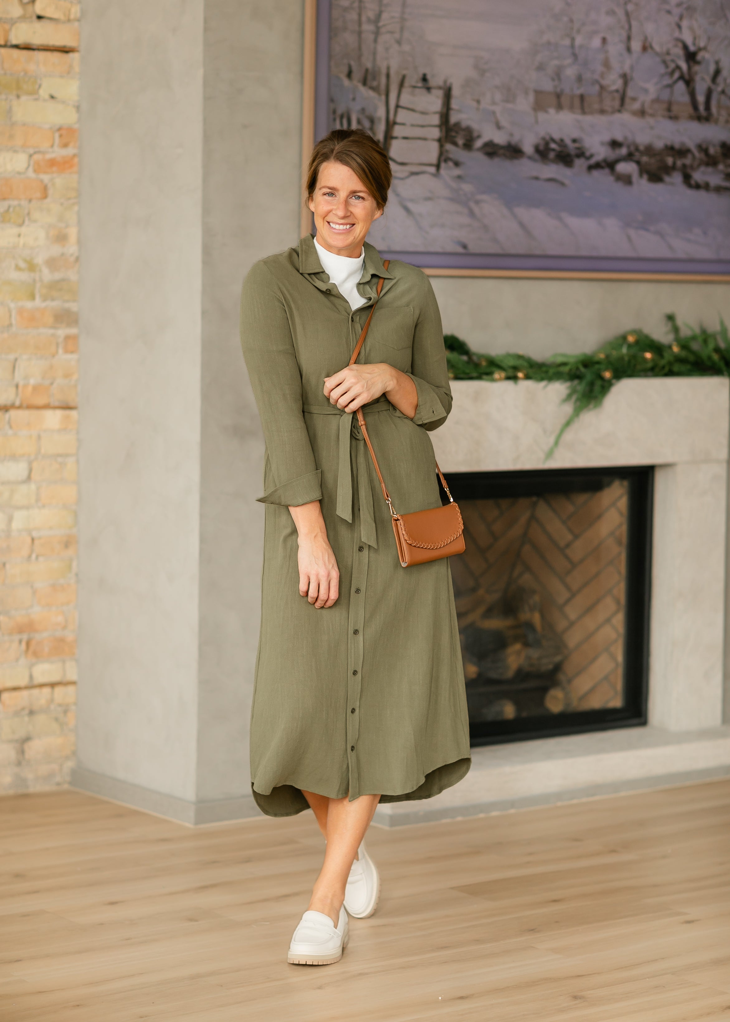 Essential Olive Long Sleeve Linen Shirt Dress - product image 10