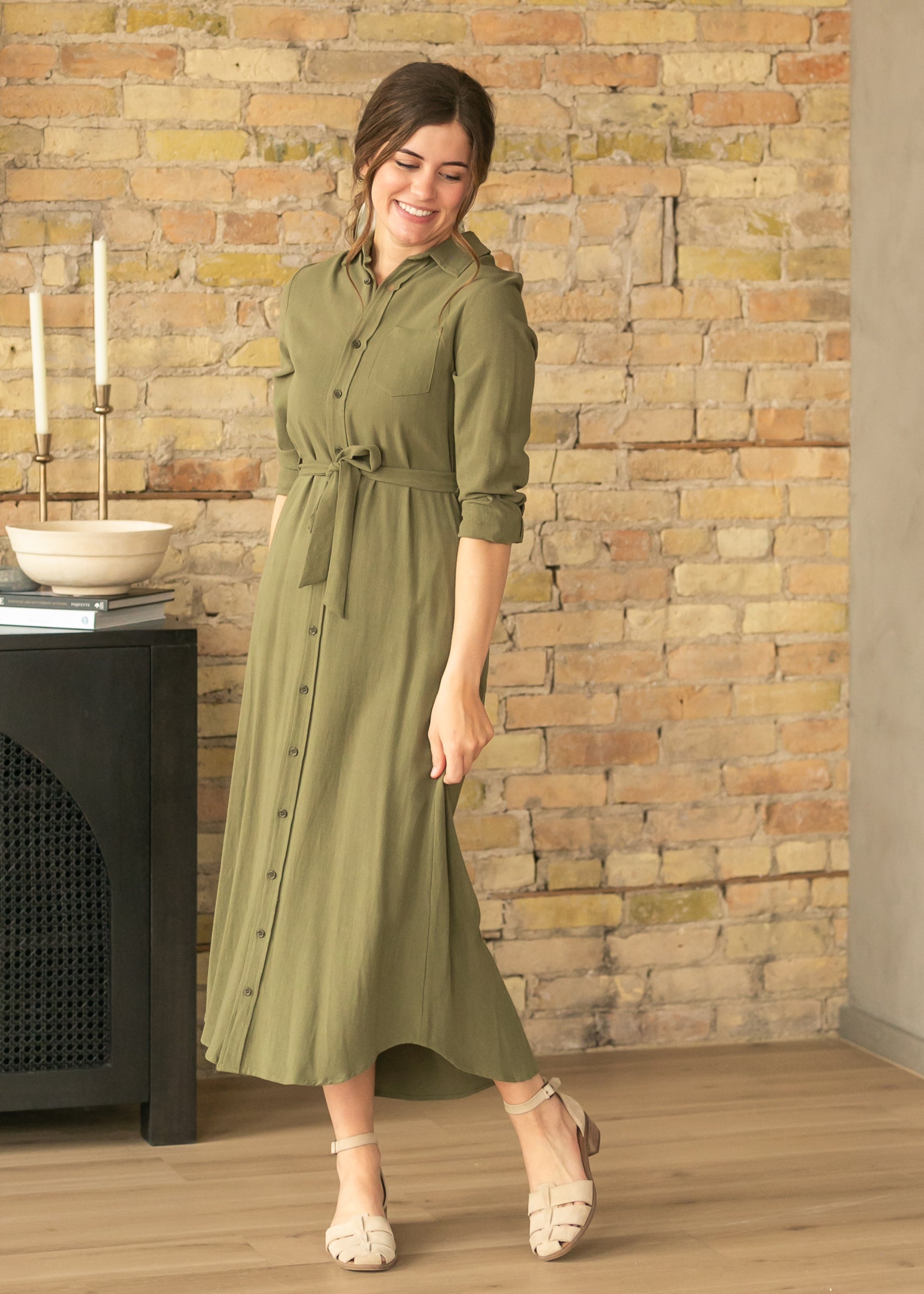 Essential Olive Long Sleeve Linen Shirt Dress Main image