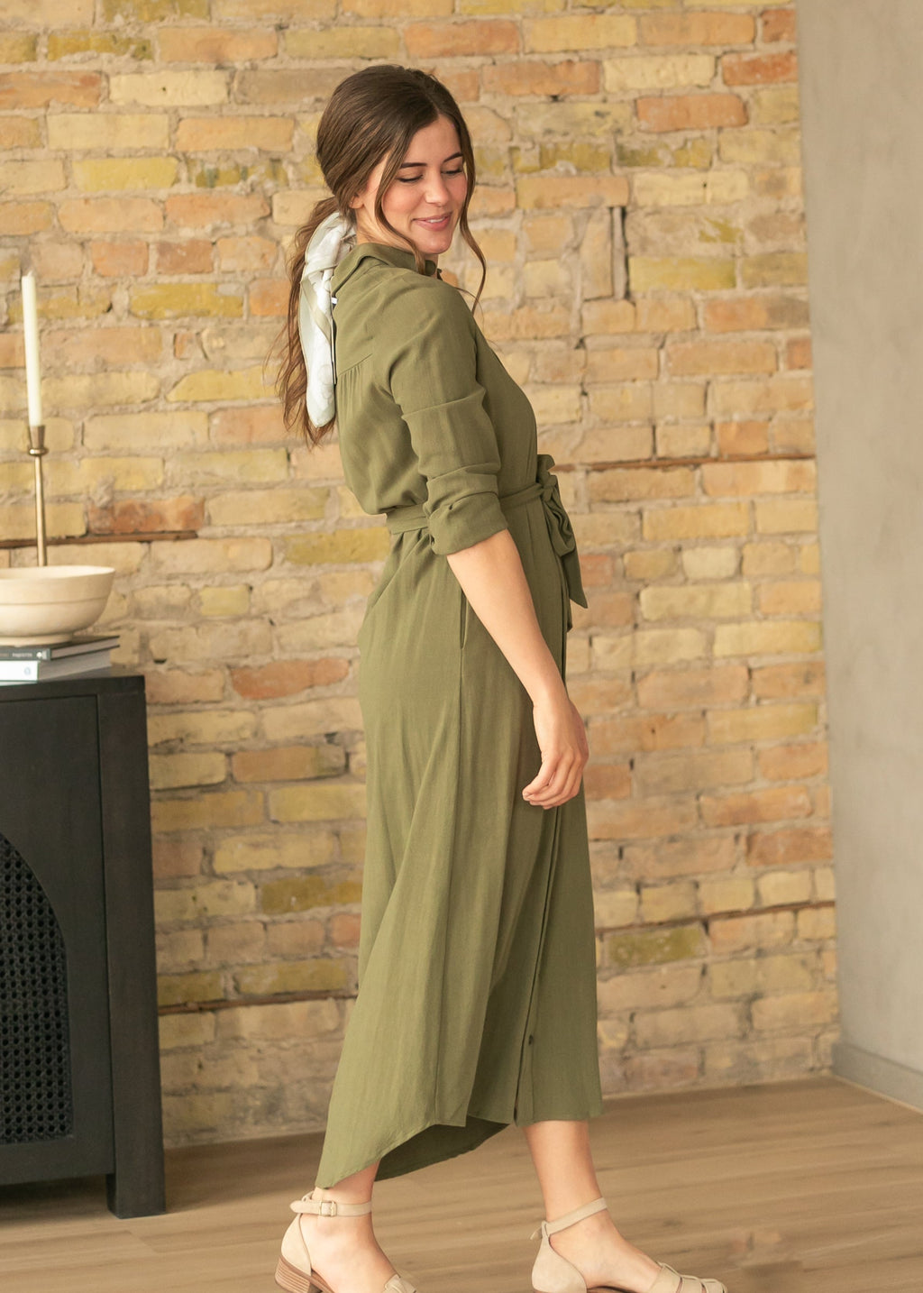 Essential Olive Long Sleeve Linen Shirt Dress - product image 3