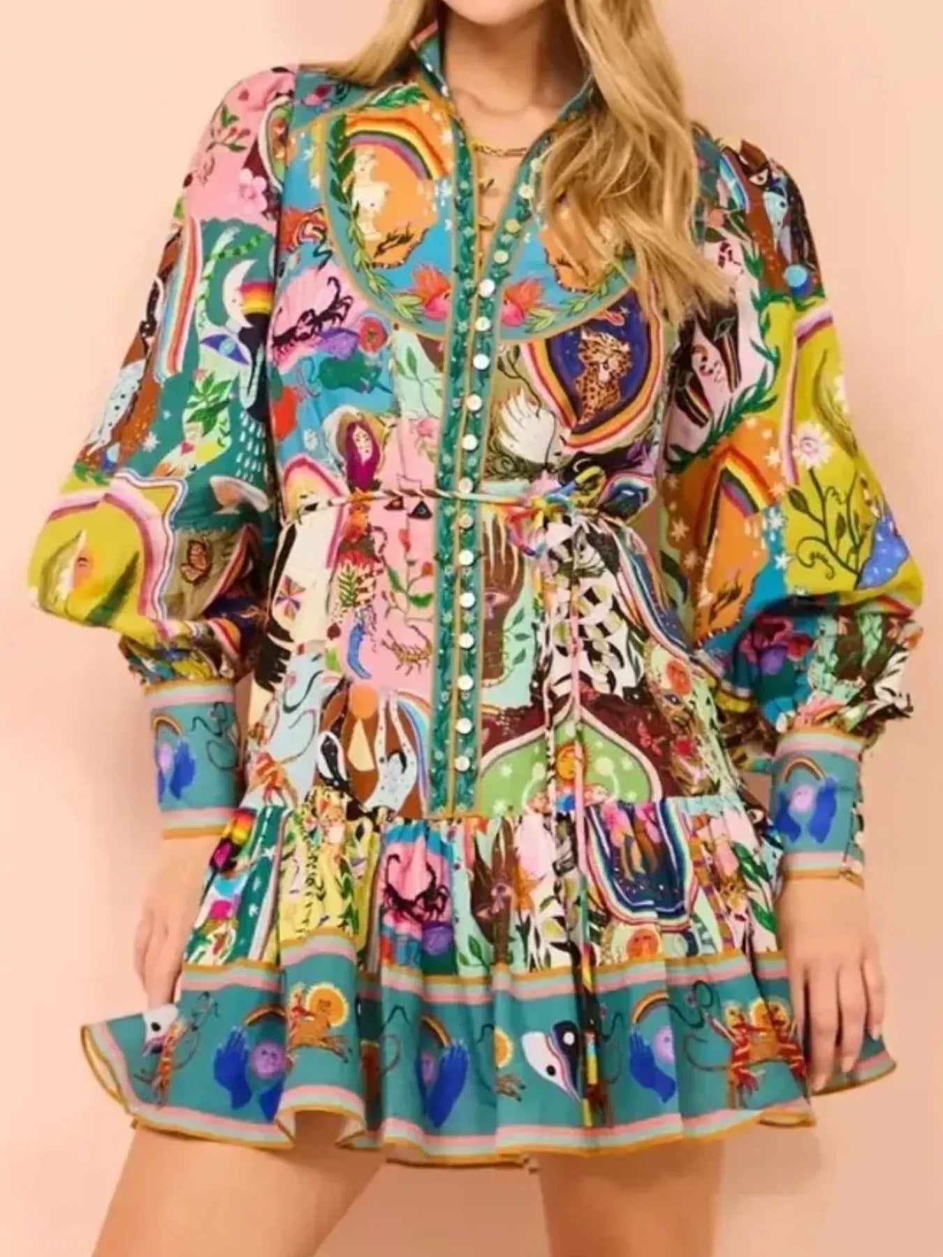Printed Long Sleeve Mini Dress with Belt - product image 4