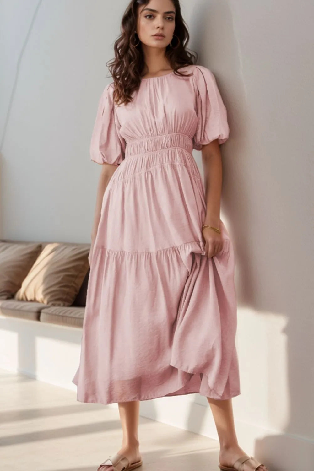 Puff Sleeve Pleated High Waist Flowy Midi Dress - Shopiebay women's boutique Main image