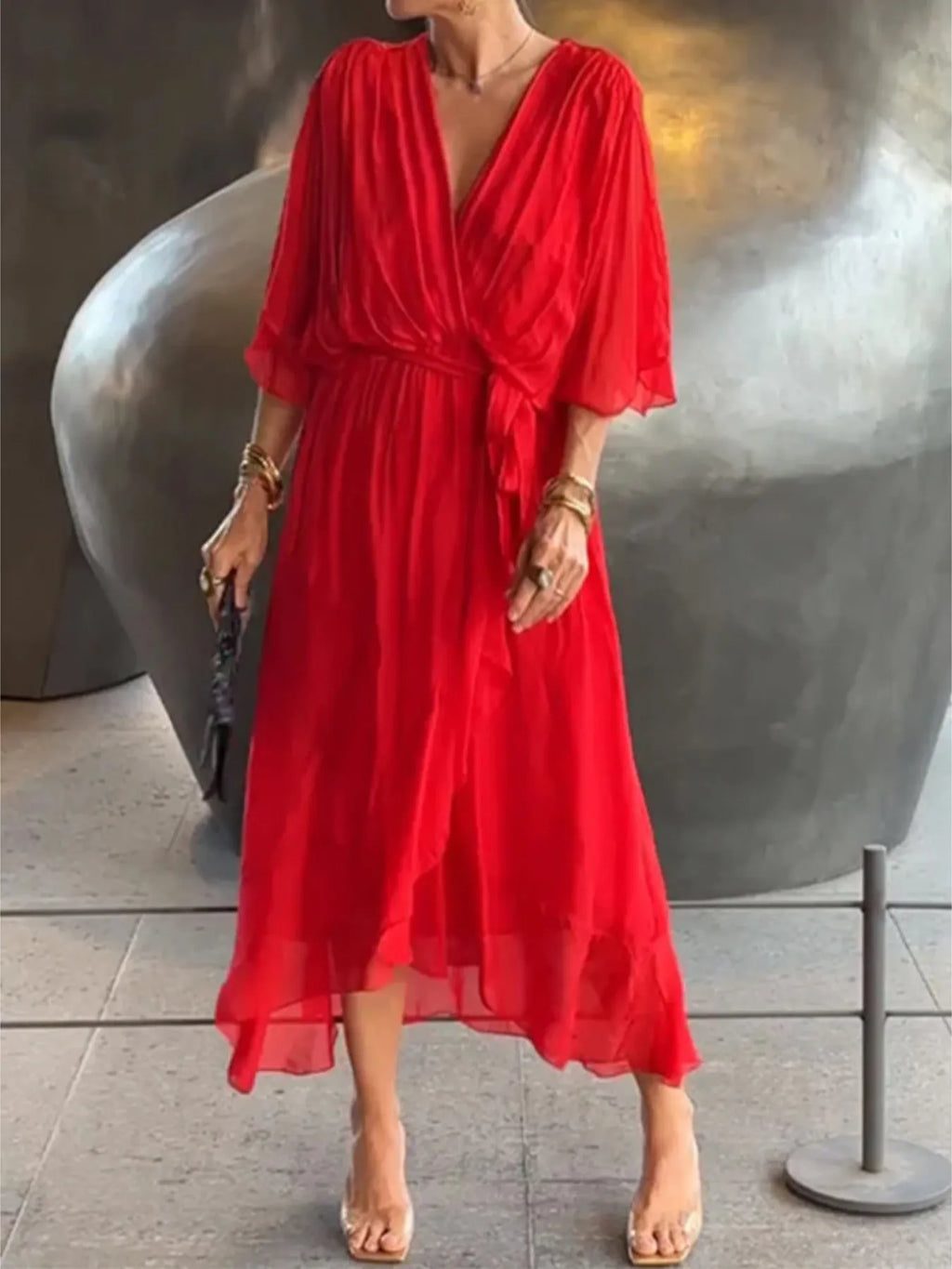 Flowy Tie Front Midi Dress with Flutter Sleeves - product image 7