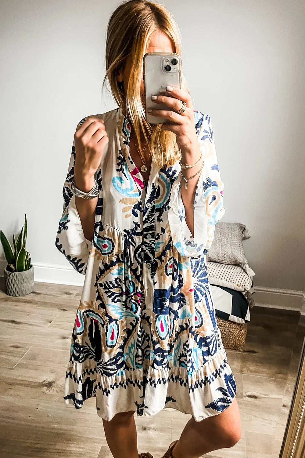 Printed Notched Three-Quarter Sleeve Mini Dress - product image 2