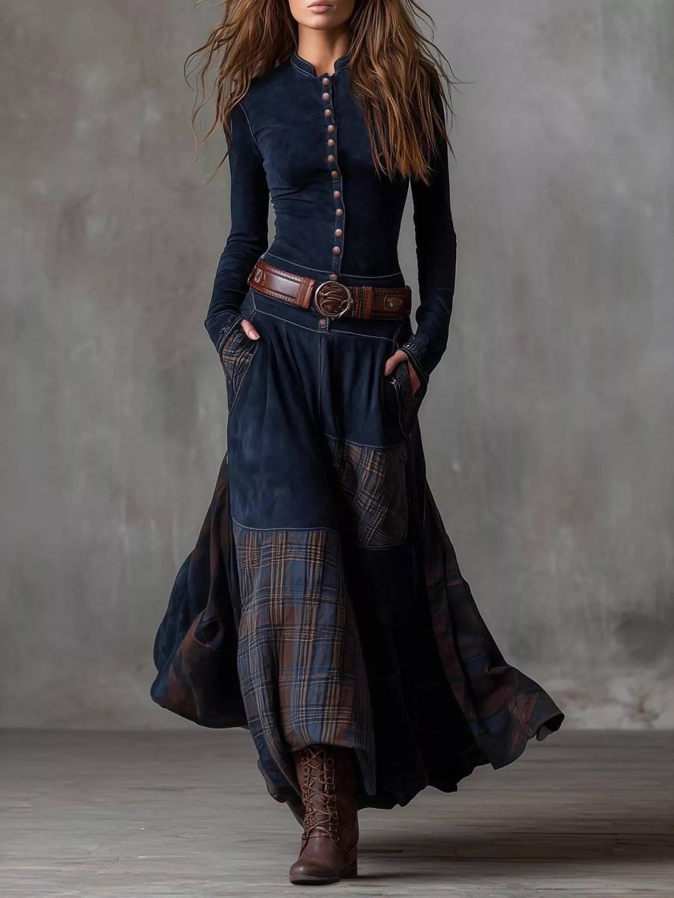 Plaid Button Front Long Sleeve Dress Main image