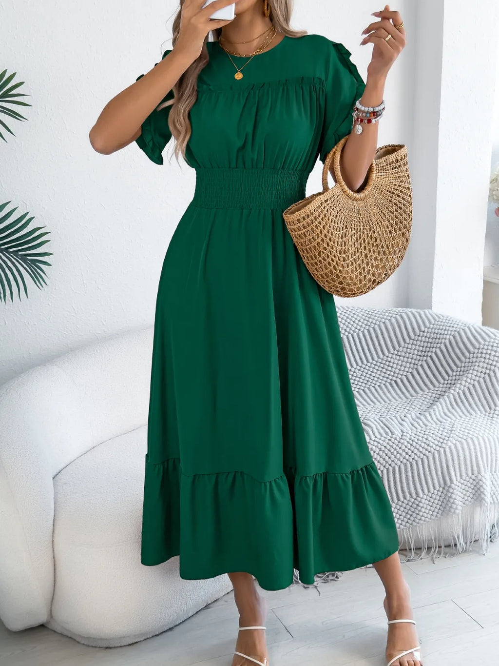 Smocked Frill Round Neck Midi Dress - product image 13