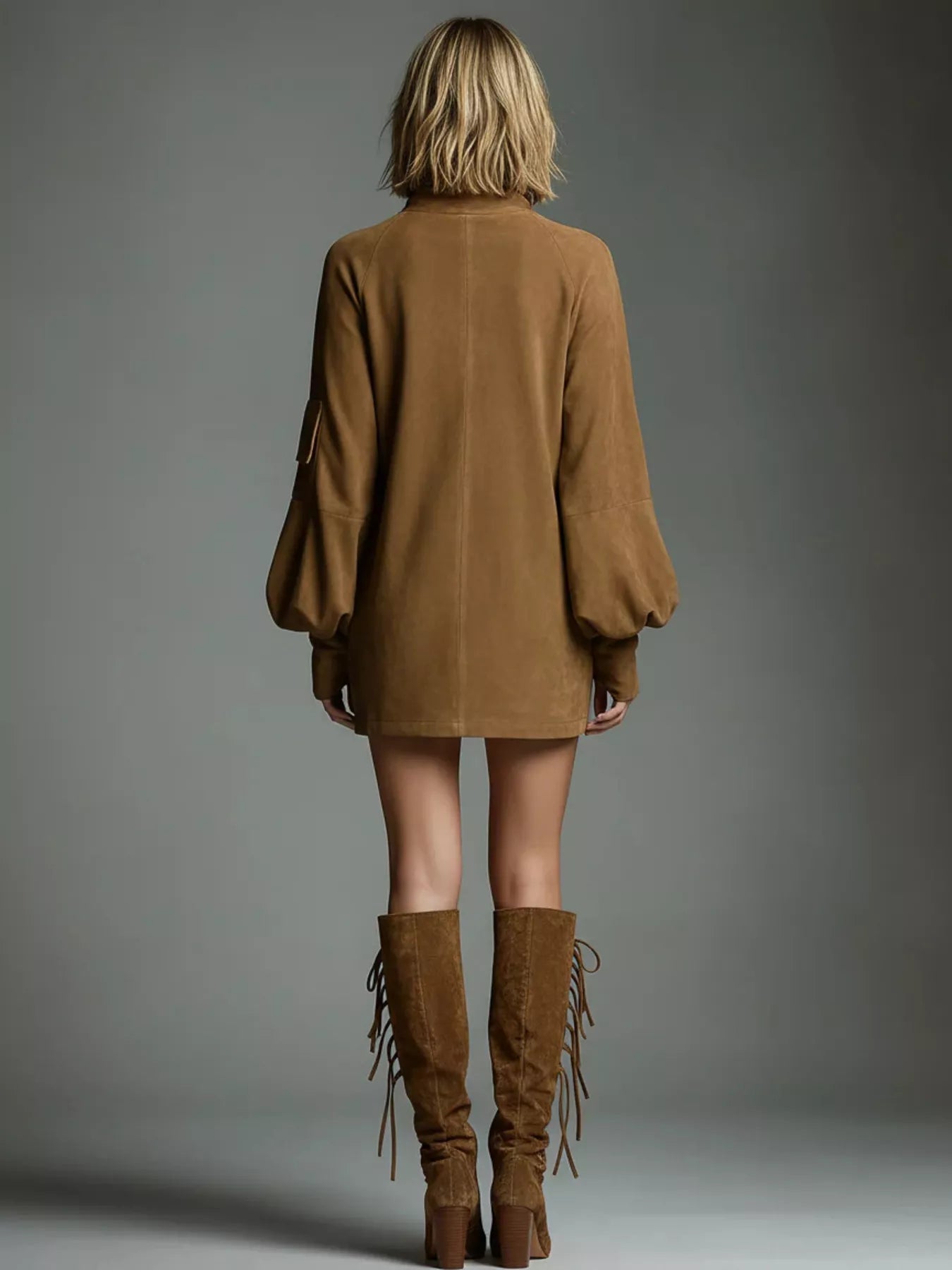 Full Size Suede Turtleneck Lantern Sleeve Mini Dress Plus Size view 2 - Shopiebay