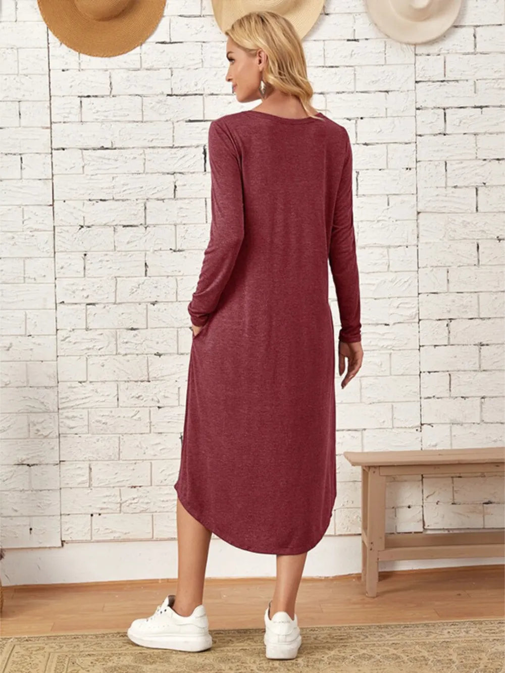 Pocketed Round Neck Long Sleeve Tee Dress view 3 - Shopiebay