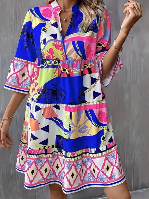 Printed Notched 3/4 Sleeve Tiered Dress - product image 6
