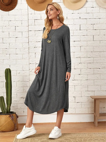 Pocketed Round Neck Long Sleeve Tee Dress view 8 - Shopiebay