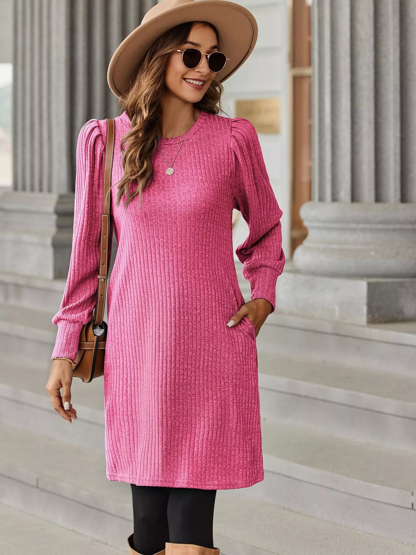 Ribbed Knit Puff Sleeve Casual Mini Dress Main image