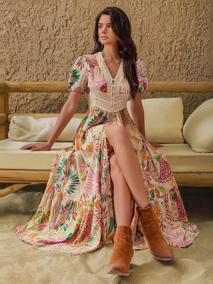 Lace Trim Floral Print Puff Sleeve Dress - Shopiebay women's boutique