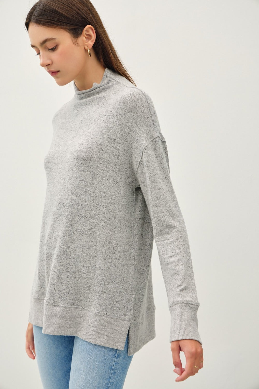 Be Cool Side Slit Mock Neck Long Sleeve Tunic Top