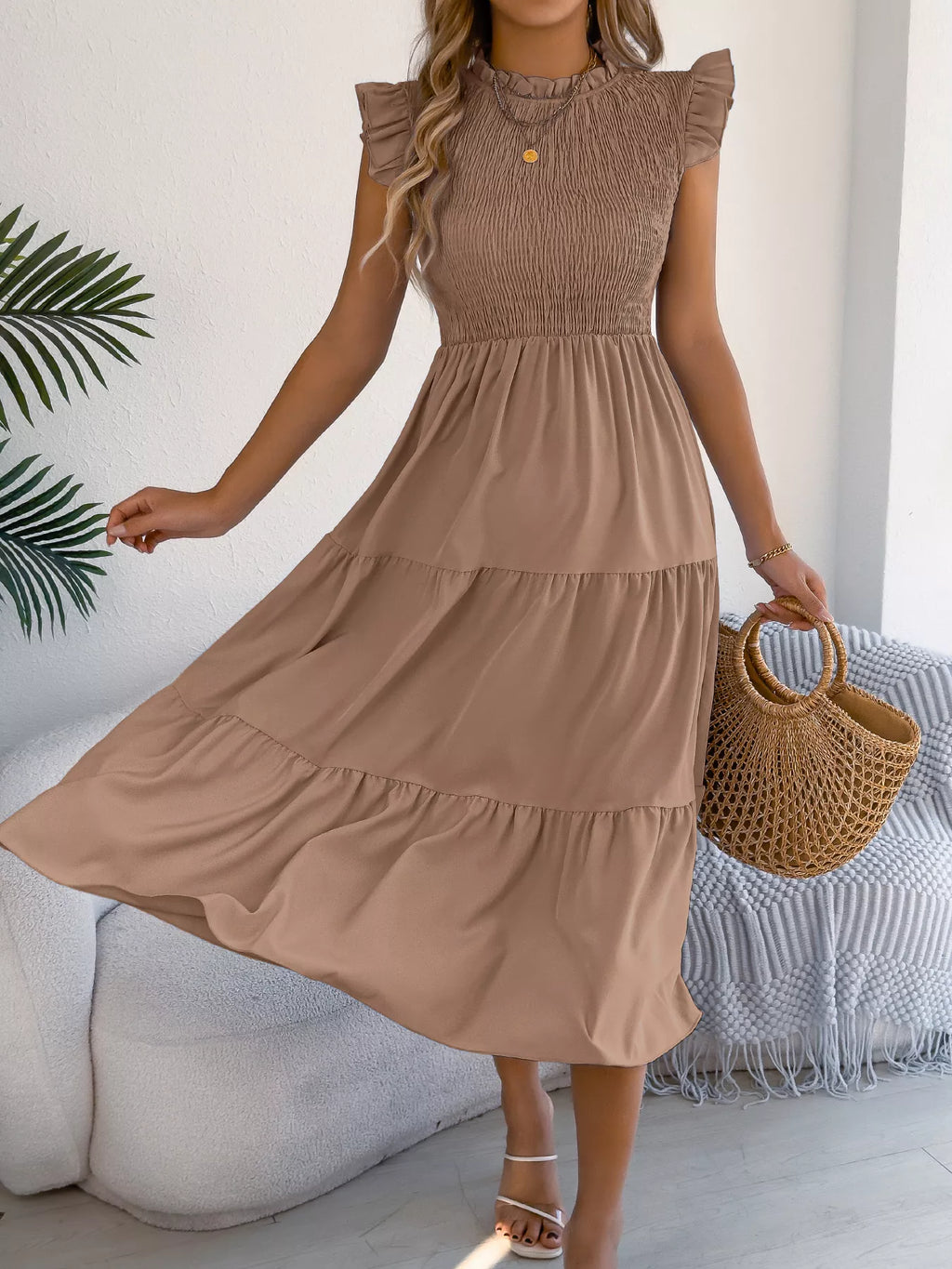 Women's Smocked Ruffle Midi Dress – Casual A-Line Cap Sleeve - product image 7