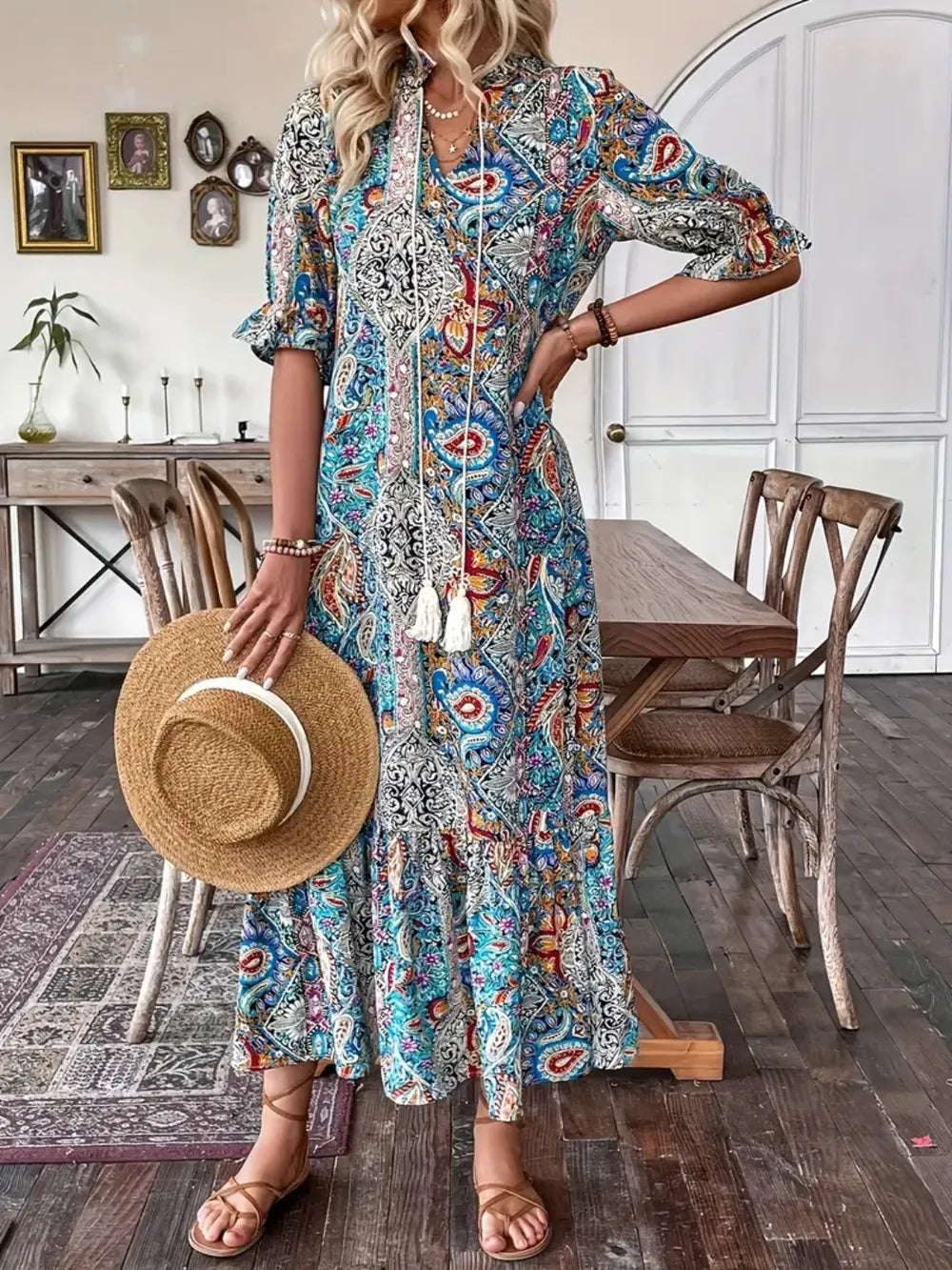 Printed Tie Neck Flounce Sleeve Midi Dress - product image 9