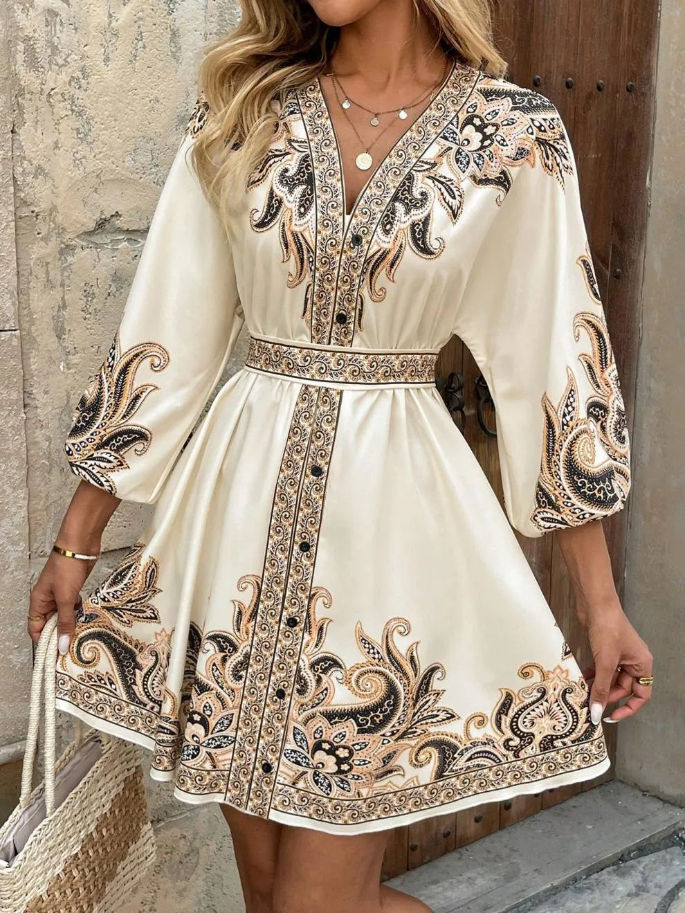 Paisley V-Neck 3/4 Sleeve Mini Dress - product image 7