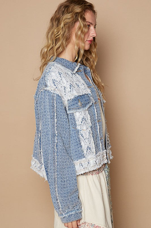 POL Crochet Patch Embroidered Button Up Jacket