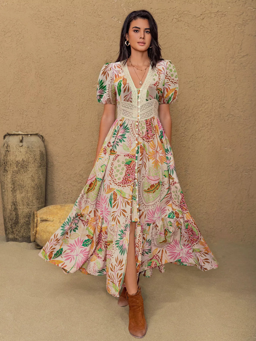 Lace Trim Floral Print Puff Sleeve Dress - product image 4