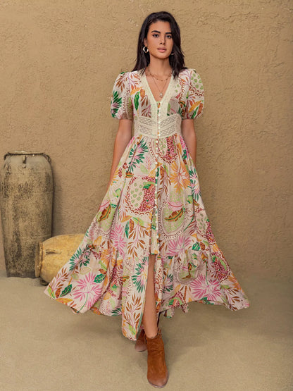 Lace Trim Floral Print Puff Sleeve Dress view 4 - Shopiebay