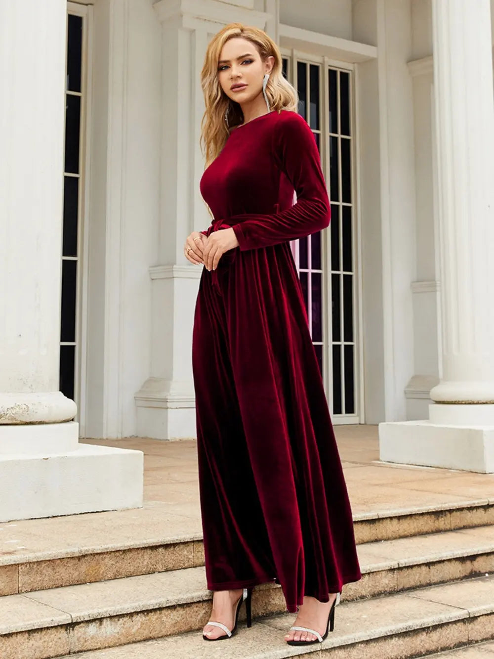 Tie Front Round Neck Long Sleeve Maxi Dress - product image 4
