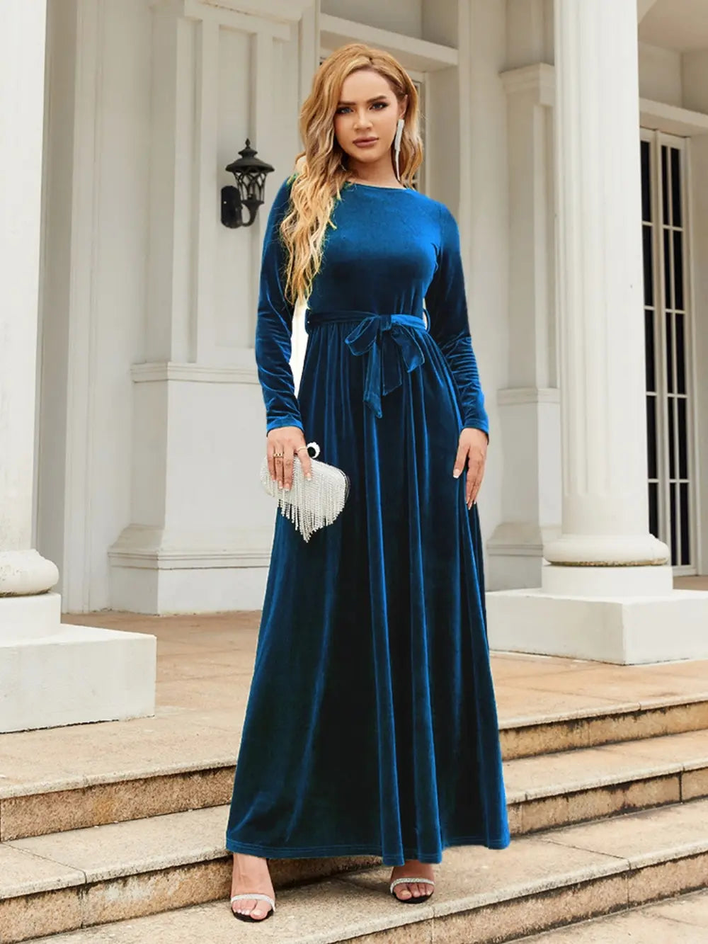 Tie Front Round Neck Long Sleeve Maxi Dress - product image 16